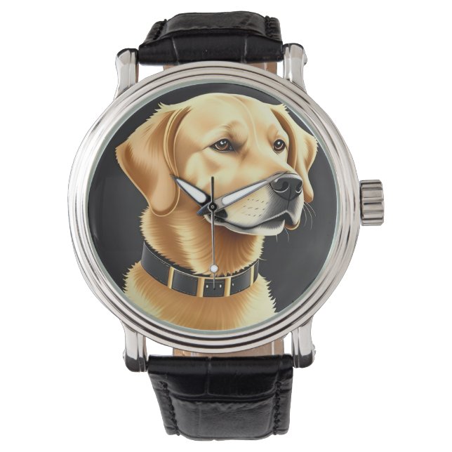Reloj De Pulsera Perro Retriever Dorado con Collar de Cuero (Anverso)