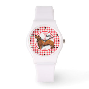 Reloj De Pulsera Perro Weiner; Gingham Blanco y Rojo