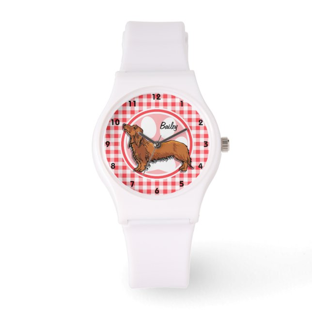 Reloj De Pulsera Perro Weiner; Gingham Blanco y Rojo (Anverso)