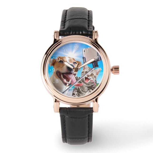 Reloj De Pulsera Perro y gato fotografiaron selfie por teléfono (Anverso)