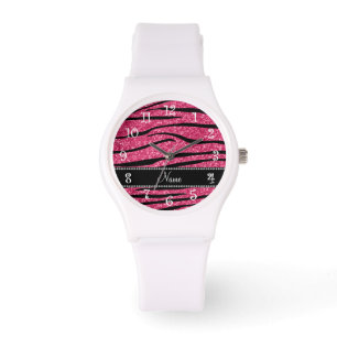Reloj De Pulsera Personalización nombre fuchsia raya rosa purpurin