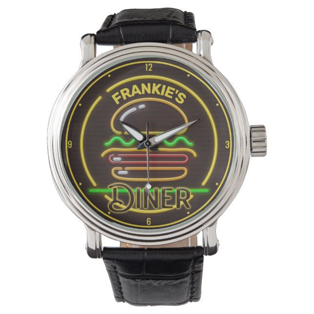 Reloj De Pulsera Personalizado AÑADIR NOMBRE Retro Faux Neon Burger (Anverso)