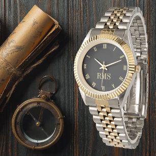 Reloj De Pulsera Personalizado Black Monogramed Gold Silver Tone br