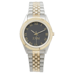 Reloj De Pulsera Personalizado Black Monogramed Gold Silver Tone br