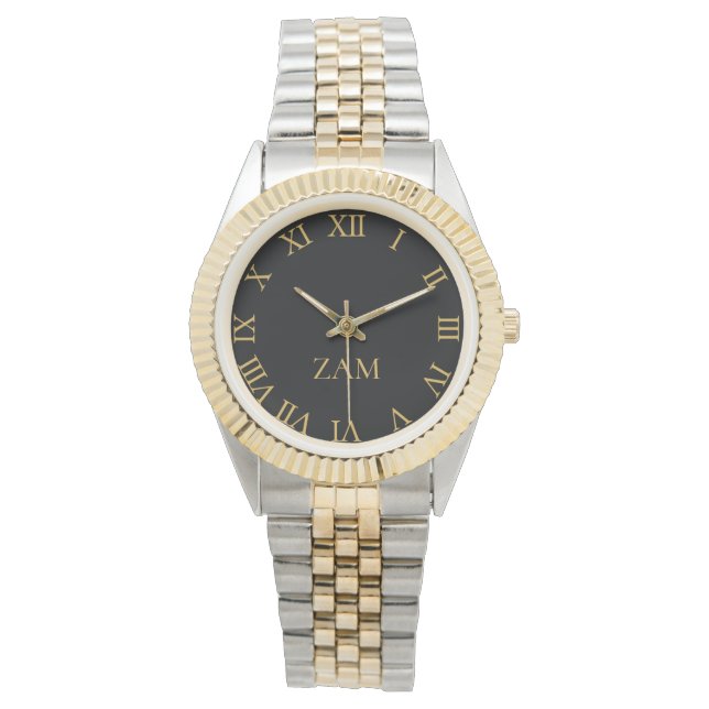 Reloj De Pulsera Personalizado Black Monogramed Gold Silver Tone br (Anverso)