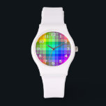 Reloj De Pulsera Personalizado con placa de arcoiris<br><div class="desc">Este patrón de arcoiris es brillante y colorido,  con un efecto de textura clara. Es un vívido y vibrante patrón a cuadros que se ve como es la bonito o como fondo para tu texto o foto. Los números de reloj son blancos con un contorno negro.</div>
