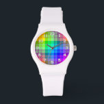 Reloj De Pulsera Personalizado con placa de arcoiris<br><div class="desc">Este patrón de arcoiris es brillante y colorido,  con un efecto de textura clara. Es un vívido y vibrante patrón a cuadros que se ve como es la bonito o como fondo para tu texto o foto. Los números de reloj son blancos con un contorno negro.</div>