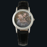 Reloj De Pulsera Personalizado elegante caligrafía Boda foto<br><div class="desc">Elegante mantenimiento de bodas para recién casados,  El día de San Valentín,  compromiso,  mostrando tu foto favorita de pareja con un guión moderno que lee LOVE sobre tu texto personalizado como nombres y/o fecha o un mensaje personal sobre un gradiente oscuro para hacer que la tipografía destaque.</div>