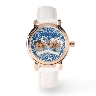 Reloj De Pulsera Personalizado Floral Folclórico Azul Nórdico