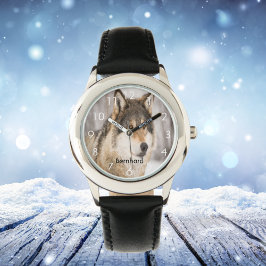 Reloj De Pulsera Personalizado lobo cara cabeza salvaje nombre de b