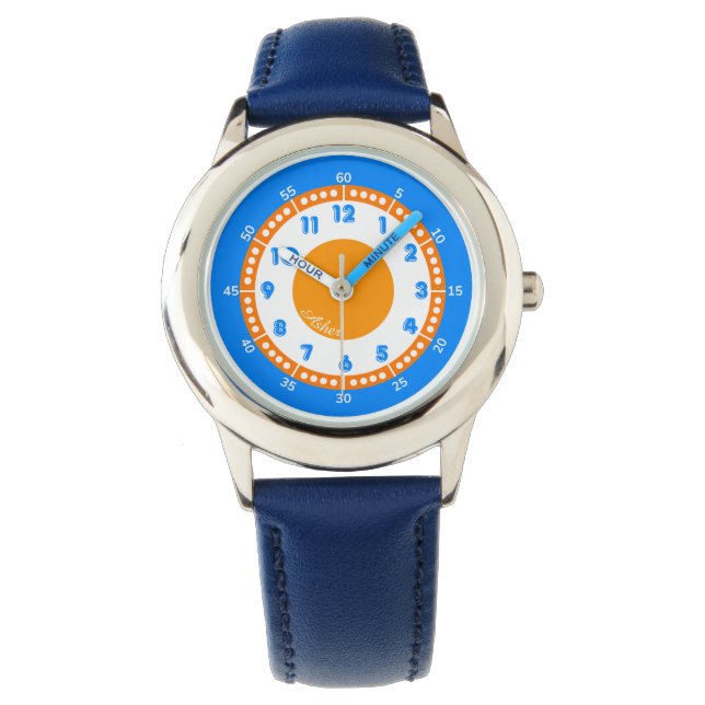 Reloj De Pulsera Personalizado moderno negrita azul y Naranja educa (Anverso)