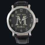 Reloj De Pulsera Personalizado Monograma Mejor Boda de encaje mascu<br><div class="desc">Este reloj único está diseñado como un regalo para tu Mejor Hombre. Incluye el monograma / inicial; nombre y fecha de boda. Hay incluso una capa única del monograma — miren de cerca y verán tres colores, lo que le da la sensación de profundidad. Forma especial de agradecerle por ser...</div>