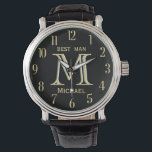 Reloj De Pulsera Personalizado Monograma Mejor Boda de encaje mascu<br><div class="desc">Este reloj único está diseñado como un regalo para tu Mejor Hombre. Incluye el monograma / inicial; nombre y fecha de boda. Hay incluso una capa única del monograma — miren de cerca y verán tres colores, lo que le da la sensación de profundidad. Forma especial de agradecerle por ser...</div>