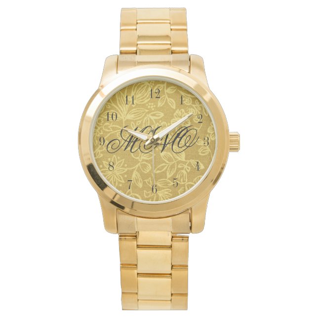 Reloj De Pulsera Personalizado Monogramed Gold Floral (Anverso)