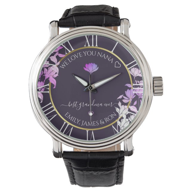 Reloj De Pulsera Personalizado morado floral Mensaje de amor Nana T (Anverso)