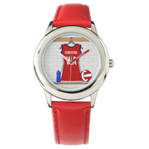 Reloj De Pulsera Personalizado Netball Uniforme rojo con azul y bla