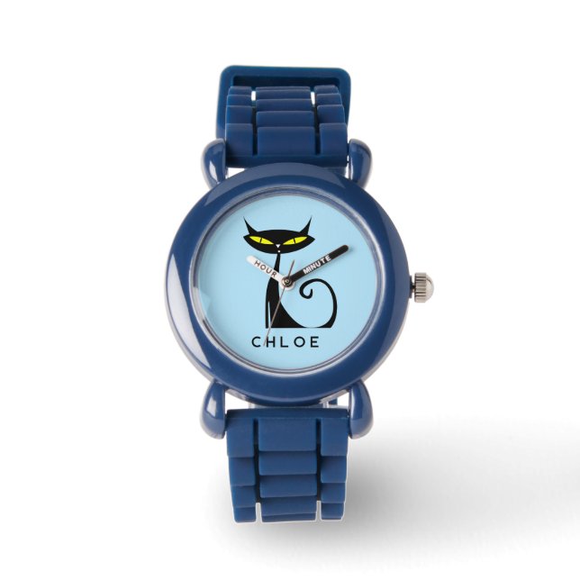 Reloj De Pulsera Personalizado Retro Mid Century Gato negro atómico (Anverso)