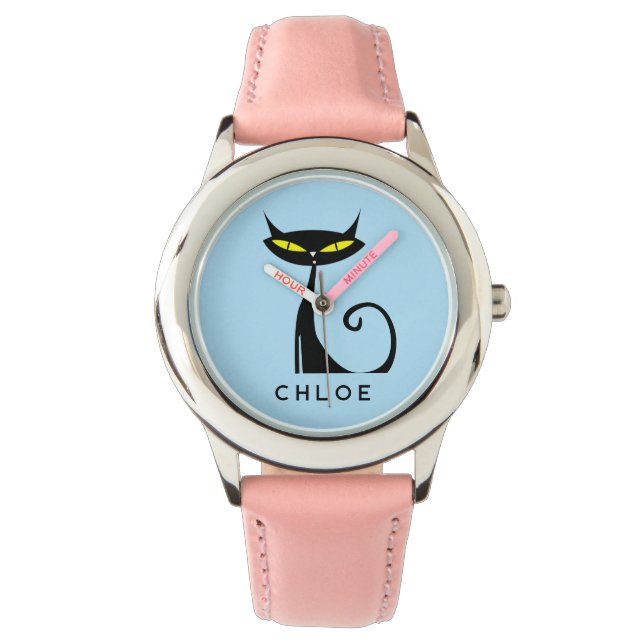 Reloj De Pulsera Personalizado Retro Mid Century Gato negro atómico (Anverso)