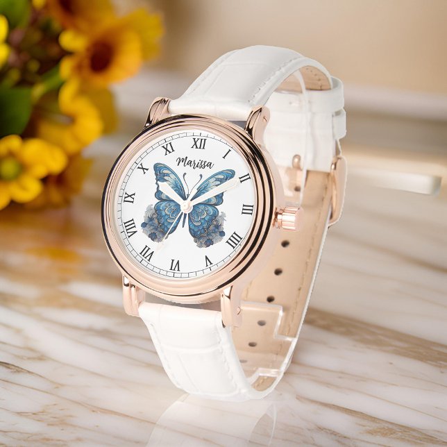 Reloj De Pulsera Personalizar nombre elegancia mariposa azul mujere (Womens' watch feature an adorable blue tones butterfly illustration, with space to add name)