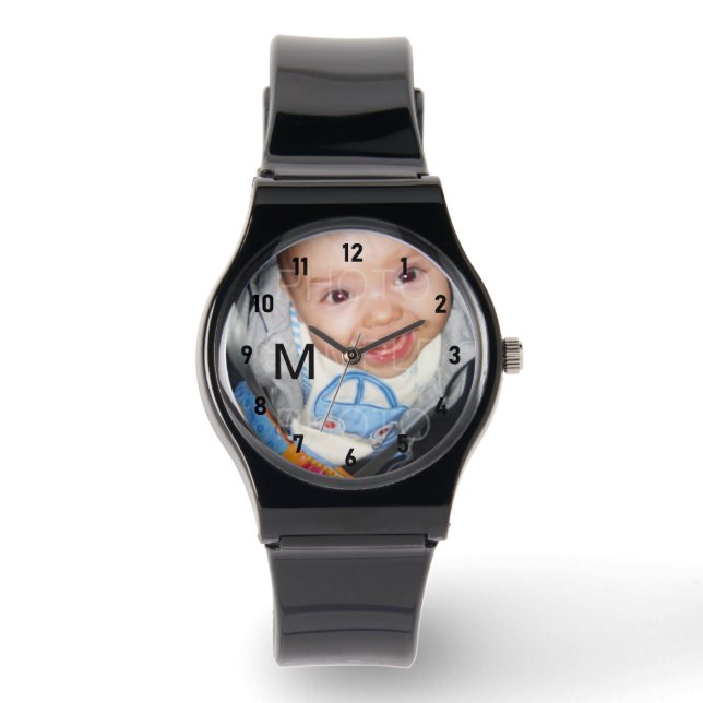 Reloj De Pulsera Personalizar Su foto monograma números negros (Anverso)