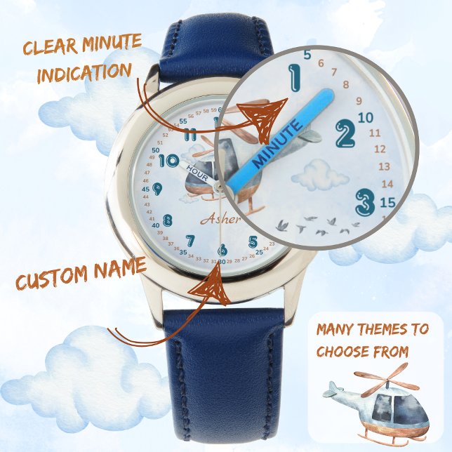 Reloj De Pulsera Personalized Blue Boys Helicopter Learning Time (Subido por el creador)