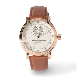 Reloj De Pulsera Personalized Classic Wedding Rose Gold & Brown Lea