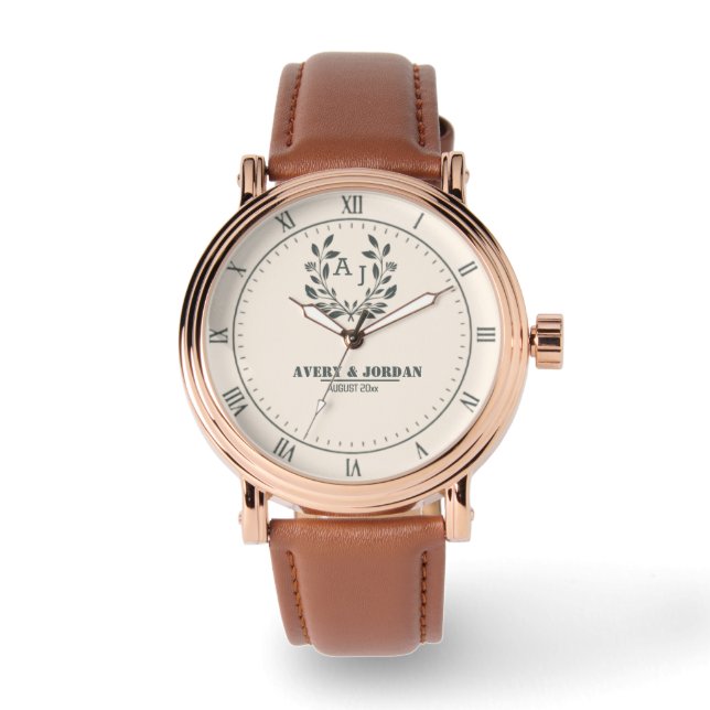 Reloj De Pulsera Personalized Classic Wedding Rose Gold & Brown Lea (Anverso)