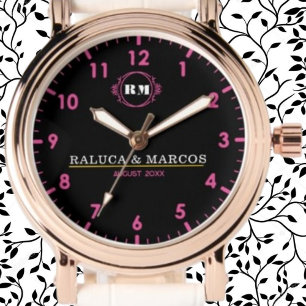 Reloj De Pulsera Personalized couple names monogram pink black