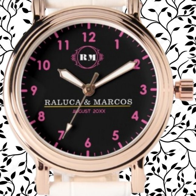 Reloj De Pulsera Personalized couple names monogram pink black (Subido por el creador)