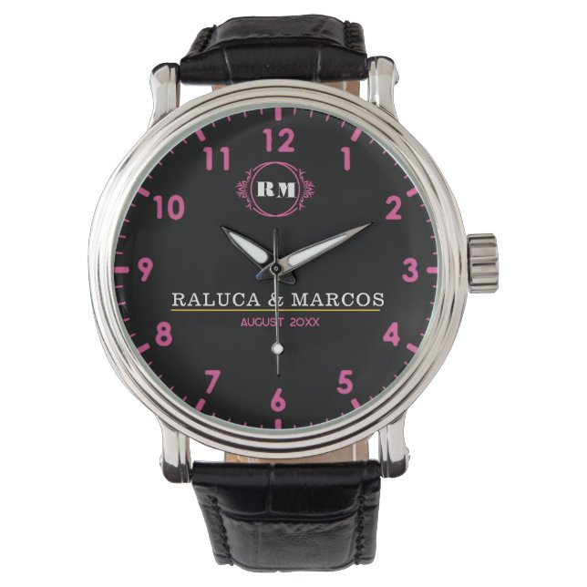 Reloj De Pulsera Personalized couple names monogram pink black (Anverso)
