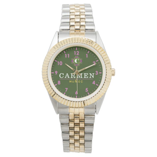 Reloj De Pulsera Personalized name green pink monogram custom (Anverso)
