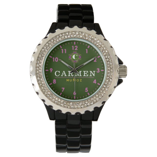 Reloj De Pulsera Personalized name green pink monogram custom (Anverso)