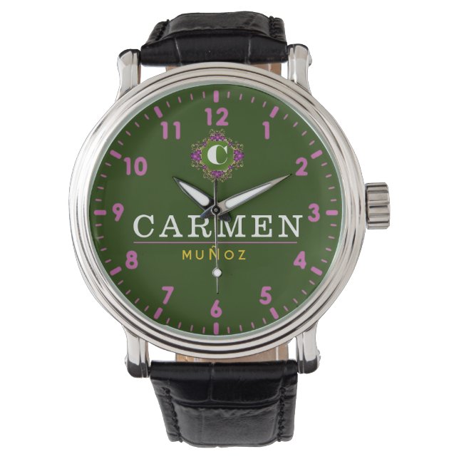 Reloj De Pulsera Personalized name green pink monogram custom (Anverso)