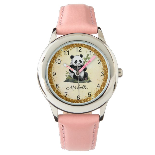 Reloj De Pulsera Personalized Panda Bear With Greenery Bamboo Gold (Anverso)