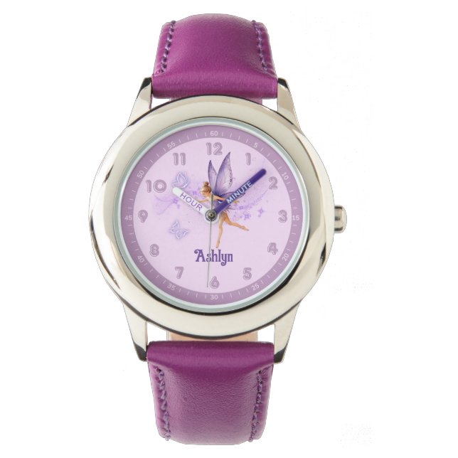 Reloj De Pulsera Personalized Purple Fairy First Learning Kids Girl (Anverso)