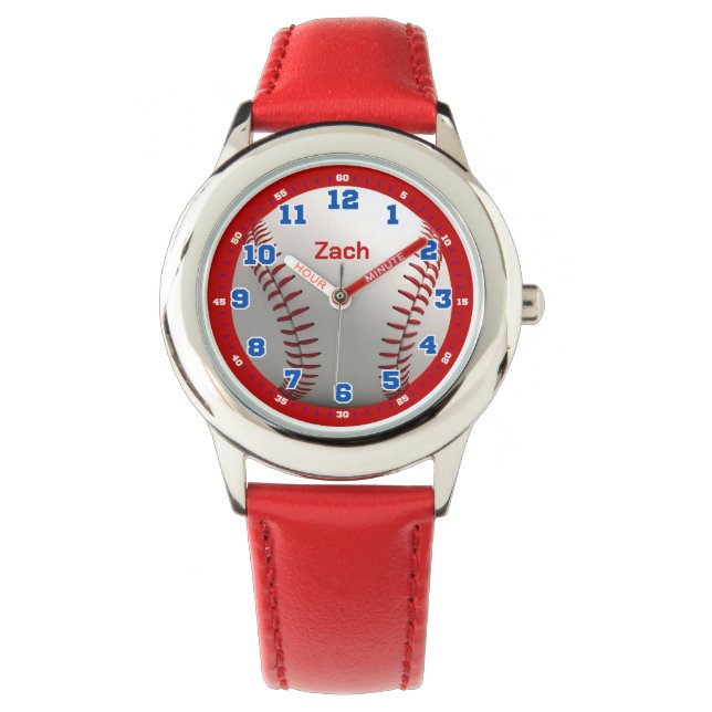 Reloj De Pulsera Personalized Red Baseball Boys Learning Time Kids (Anverso)