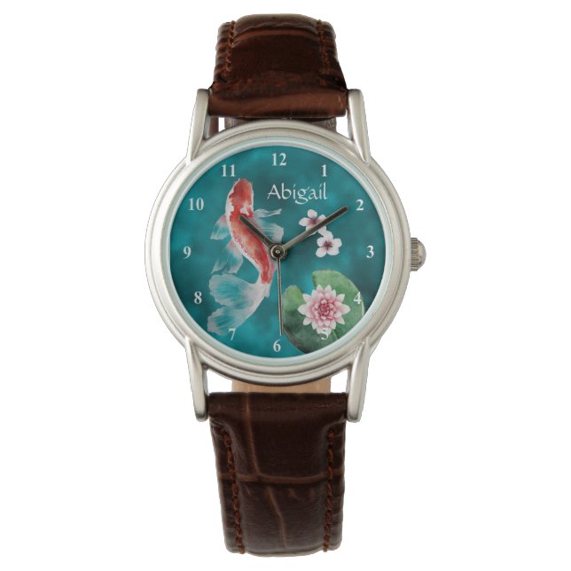 Reloj De Pulsera Pescado japonés de Koi personalizado y flores de c (Anverso)