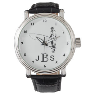 Reloj De Pulsera Pescador blanco negro   Monograma masculino
