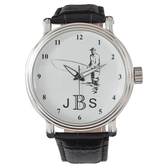 Reloj De Pulsera Pescador blanco negro | Monograma masculino (Anverso)