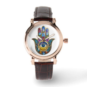 Reloj De Pulsera Pétalos Coloridos Hojas Hamsa Zafiro Tercer Ojo