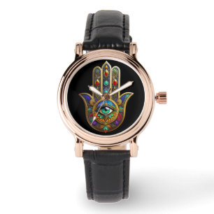 Reloj De Pulsera Pétalos de Flor de Color de Pavo Real Hamsa Verde 