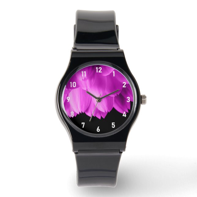 Reloj De Pulsera Pétalos de flores rosadas calientes sobre negro (Anverso)
