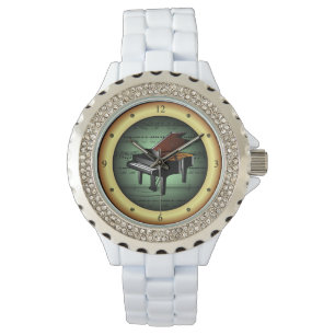 Reloj De Pulsera Piano en la hoja Música ~ Verde sobre fondo de oro