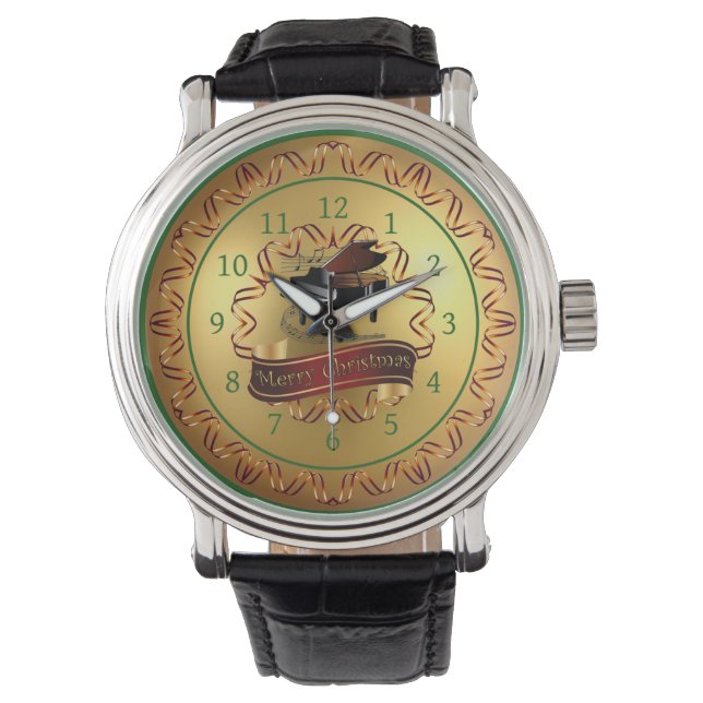 Reloj De Pulsera Piano ~ Musical Scroll ~ Oro "Feliz Navidad" (Anverso)
