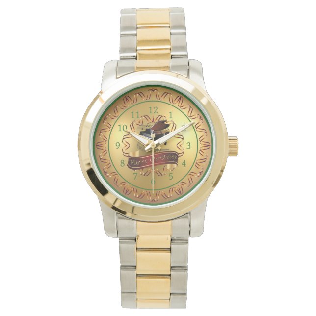 Reloj De Pulsera Piano ~ Musical Scroll ~ Oro "Feliz Navidad" (Anverso)
