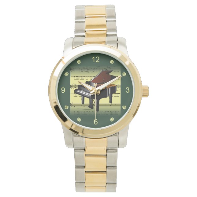 Reloj De Pulsera Piano ~ Rolling Sheet Music ~ Oro/Fondo Verde (Anverso)