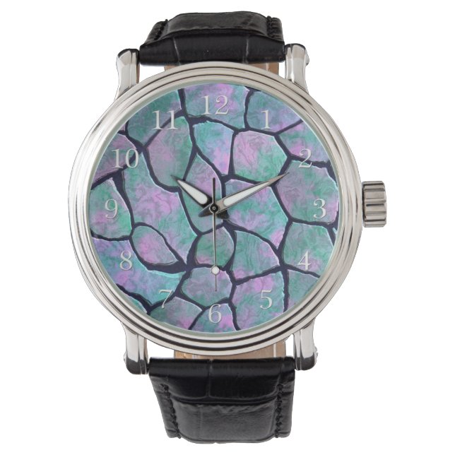 Reloj De Pulsera Piedras de mosaico color turquesa y rosa sin fisur (Anverso)