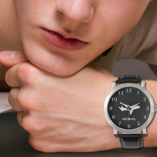 Reloj De Pulsera Piloto de Avión Aviación Negro y Blanco Personaliz