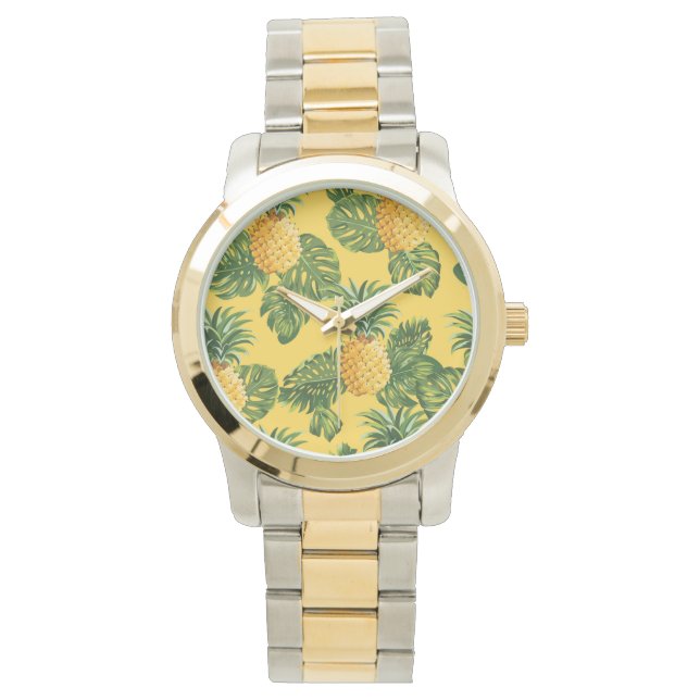 Reloj De Pulsera Piñas y hojas tropicales con oro (Anverso)