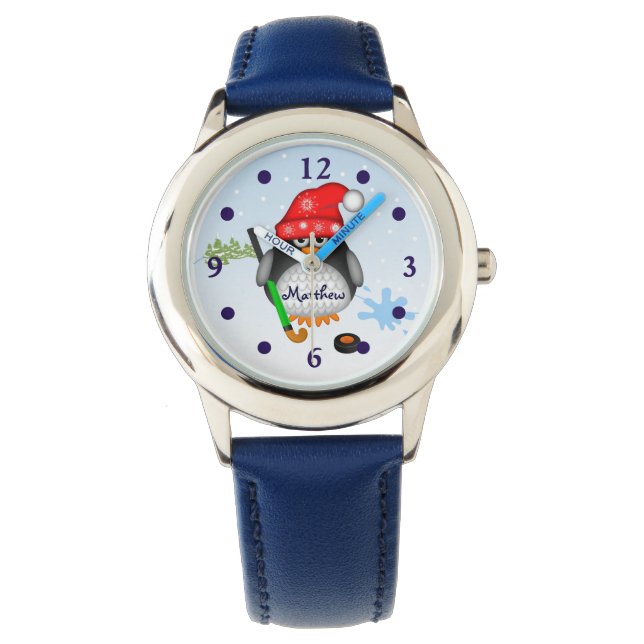 Reloj De Pulsera Pingüino de hockey con nombre personalizado (Anverso)